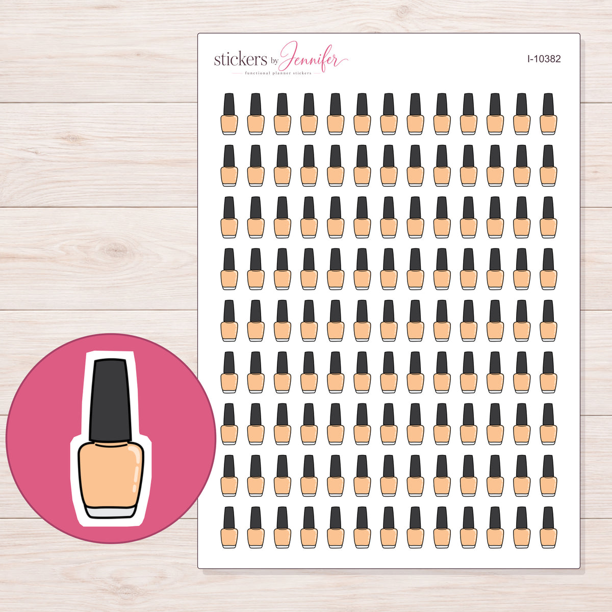 Peach Nail Polish Planner Stickers | I-10382 — 5 × 7 inch sheet and enlarged sticker detail