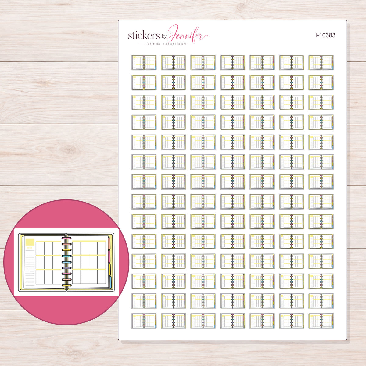 Open Yellow Weekly Planner Stickers | I-10383 — 5 × 7 inch sheet and enlarged sticker detail
