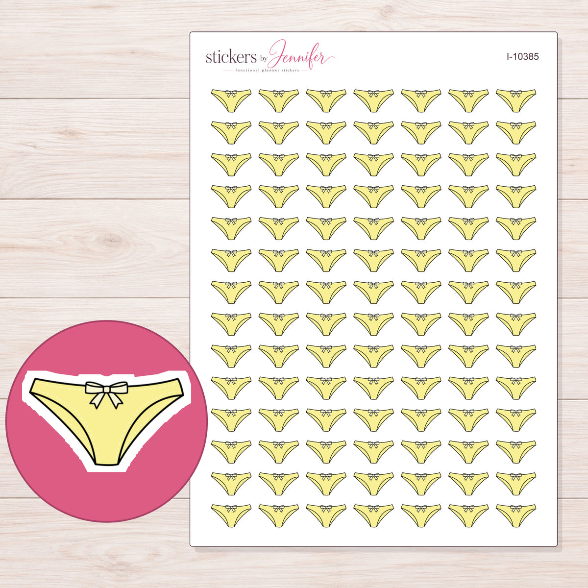 Yellow Underwear Planner Stickers | I-10385 — 5 × 7 inch sheet and enlarged sticker detail
