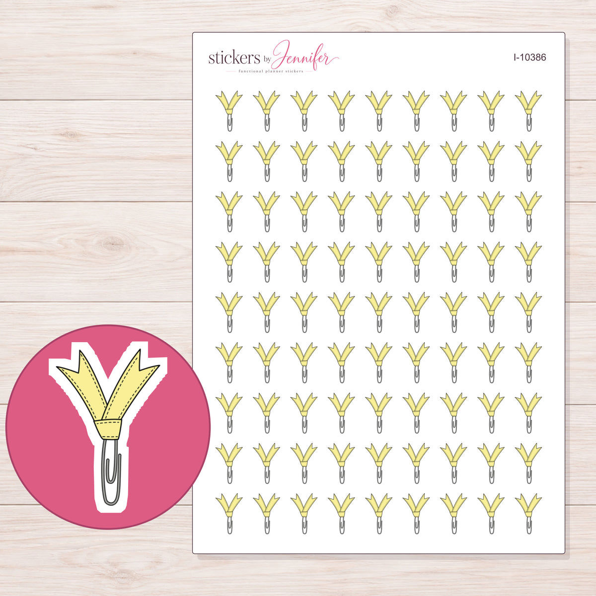 Yellow Ribbon Paper Clip Planner Stickers | I-10386 — 5 × 7 inch sheet and enlarged sticker detail