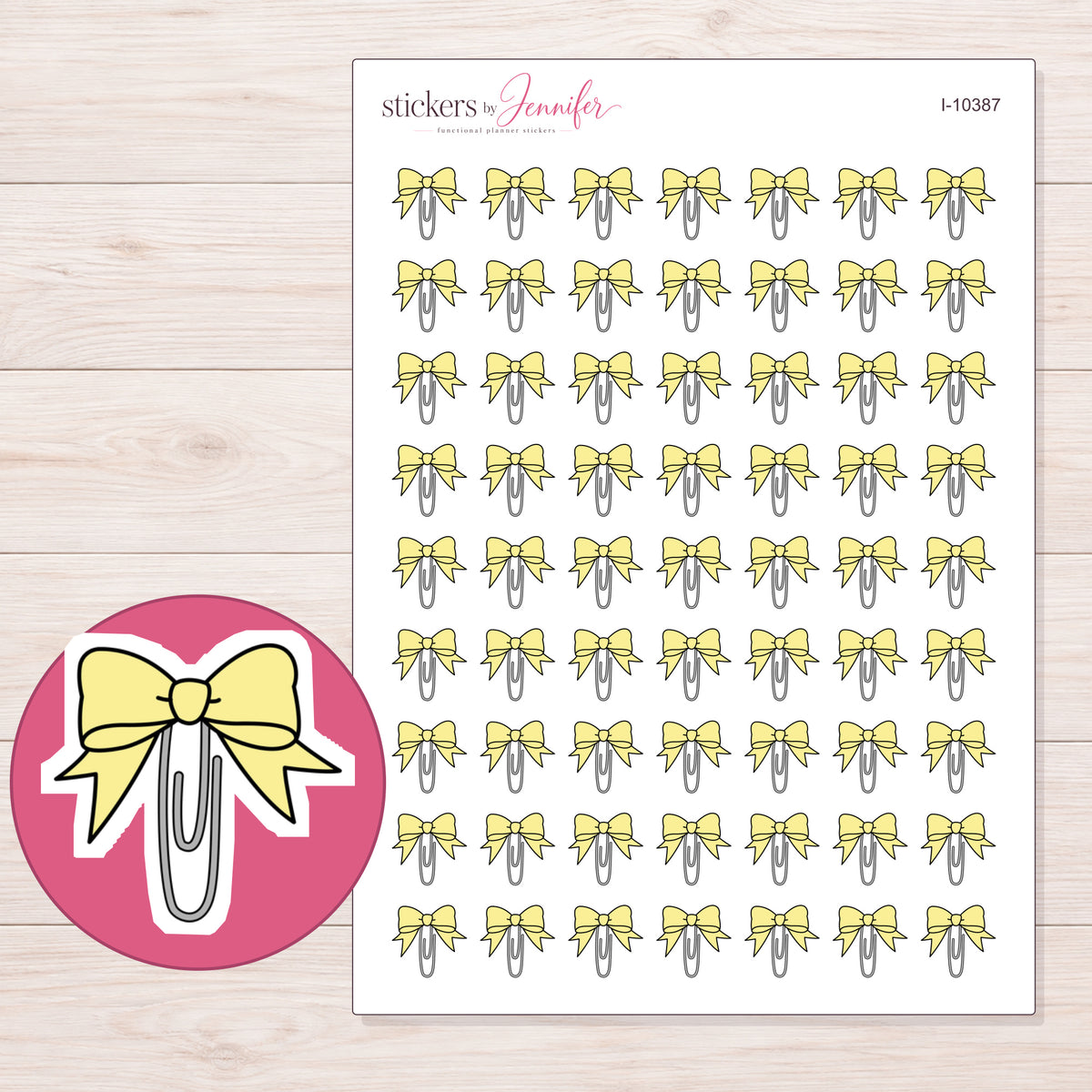 Yellow Bow Paper Clip Planner Stickers | I-10387 — 5 × 7 inch sheet and enlarged sticker detail