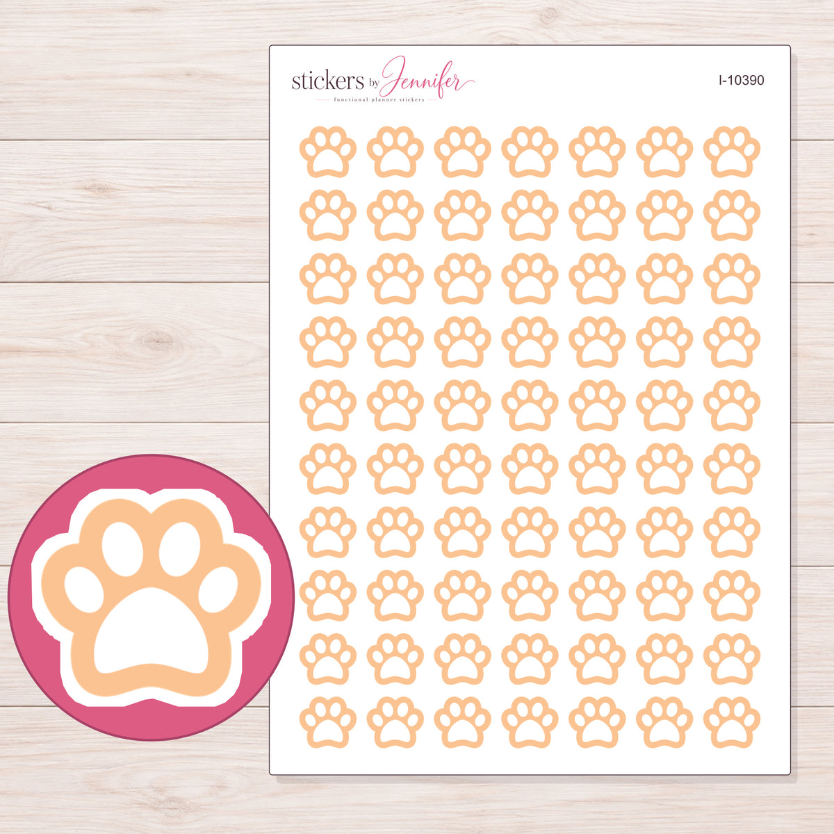 Peach Outline Paw Print Planner Stickers | I-10390 — 5 × 7 inch sheet and enlarged sticker detail