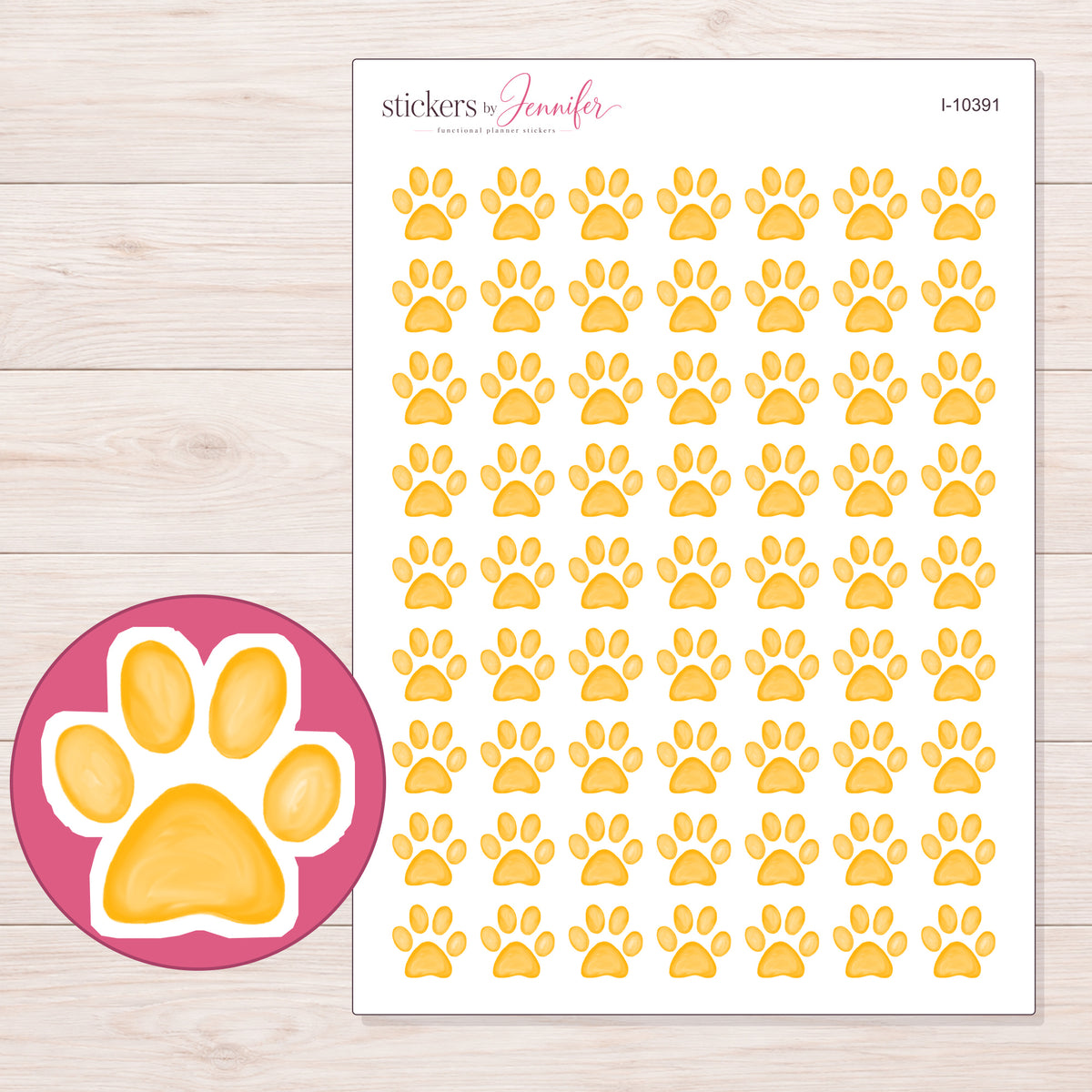 Golden Paw Print Planner Stickers | I-10391 — 5 × 7 inch sheet and enlarged sticker detail