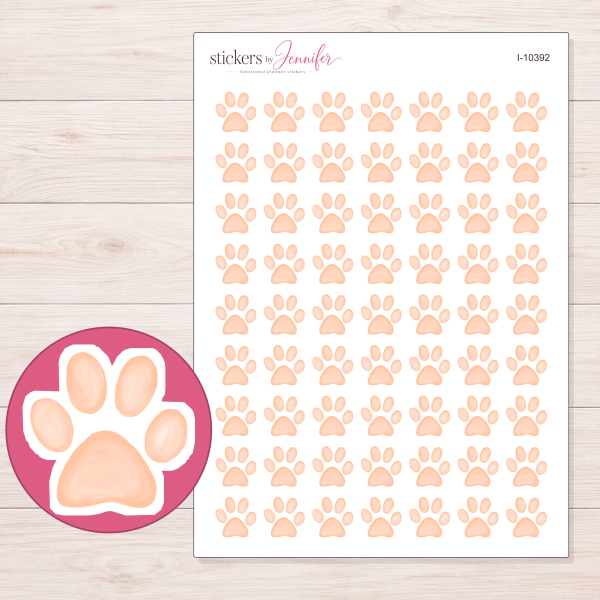 Pastel Peach Paw Print Planner Stickers | I-10392 — 5 × 7 inch sheet and enlarged sticker detail