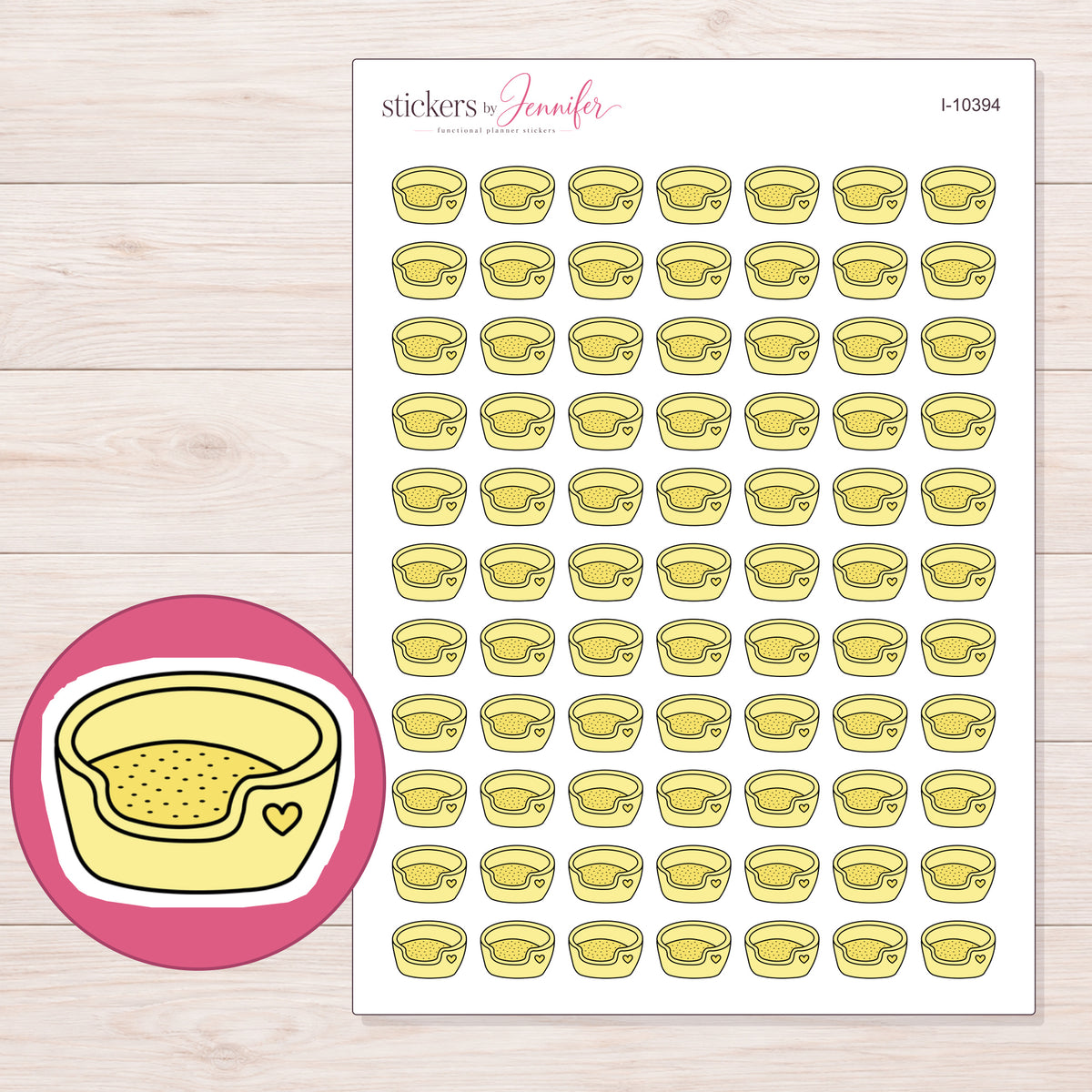 Yellow Pet Bed Planner Stickers | I-10394 — 5 × 7 inch sheet and enlarged sticker detail
