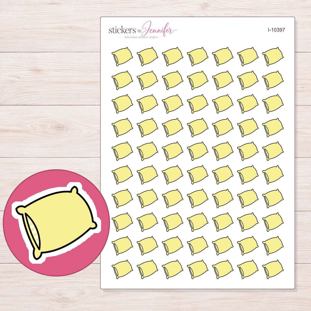Yellow Pillow Planner Stickers | I-10397 — 5 × 7 inch sheet and enlarged sticker detail