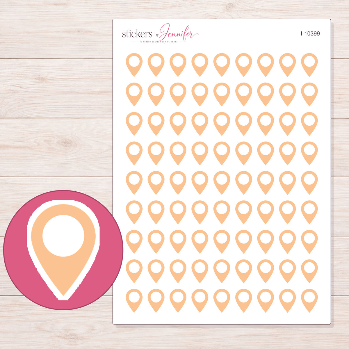 Peach Location Pin Planner Stickers | I-10399 — 5 × 7 inch sheet and enlarged sticker detail