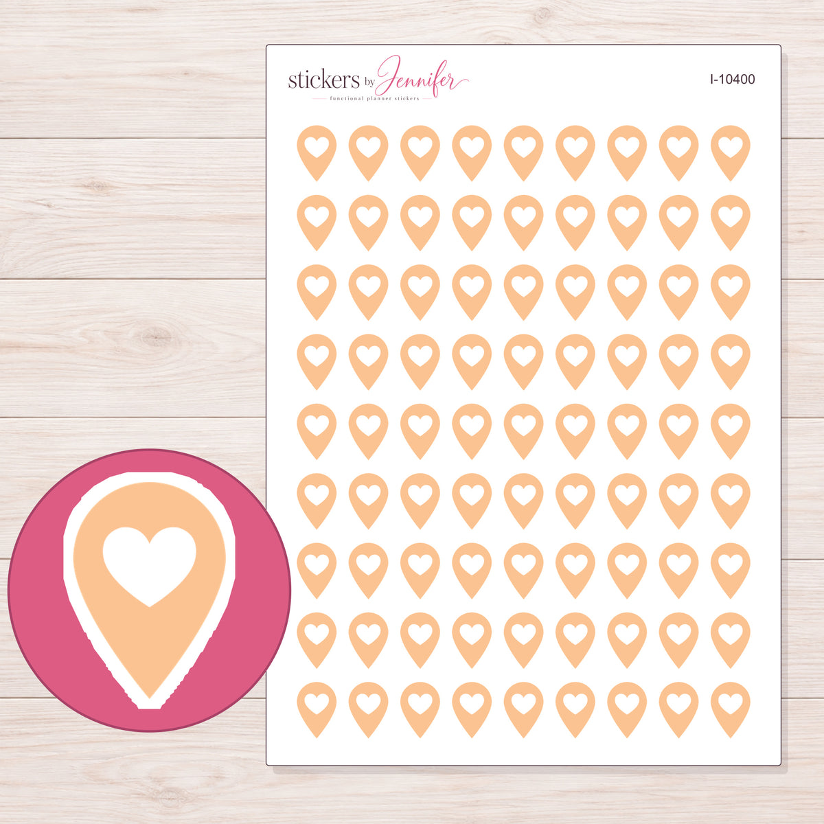 Peach Heart Location Pin Planner Stickers | I-10400 — 5 × 7 inch sheet and enlarged sticker detail