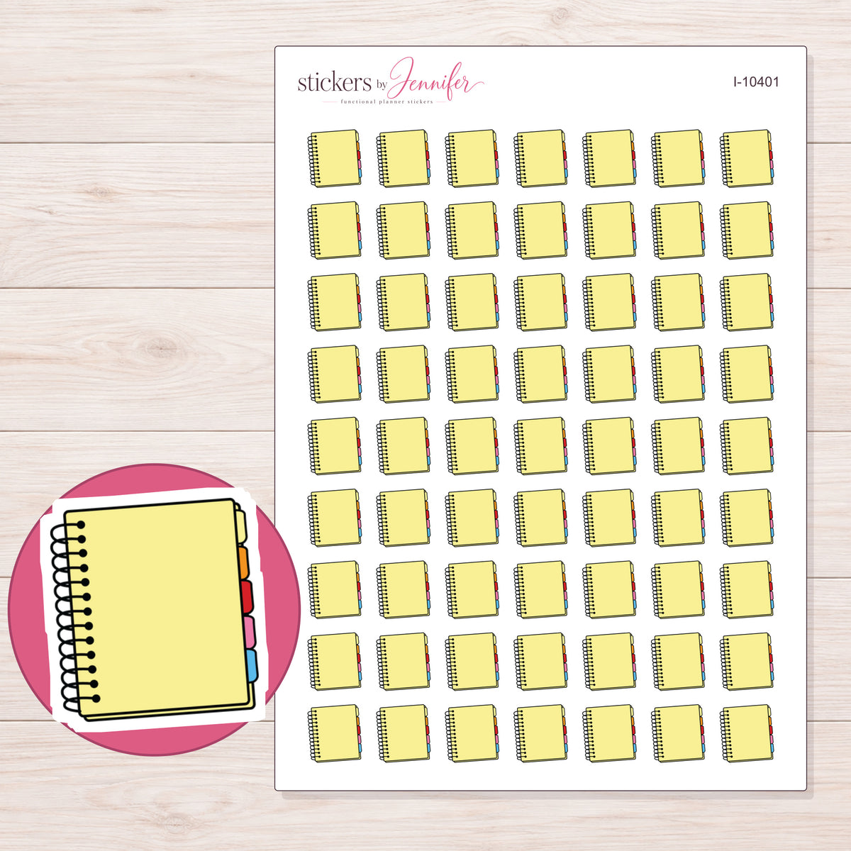 Yellow Spiral Planner Stickers | I-10401 — 5 × 7 inch sheet and enlarged sticker detail