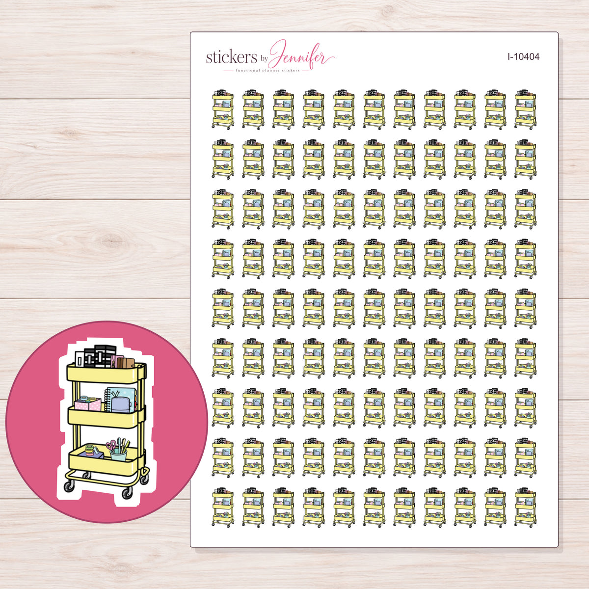 Yellow Planner Cart Planner Stickers | I-10404 — 5 × 7 inch sheet and enlarged sticker detail