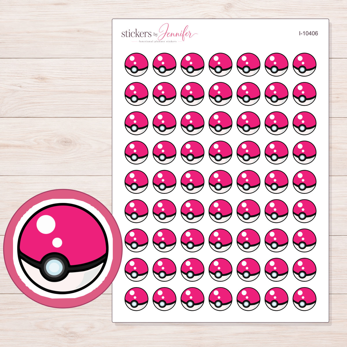 Pink Game Ball Planner Stickers | I-10406 — 5 × 7 inch sheet and enlarged sticker detail