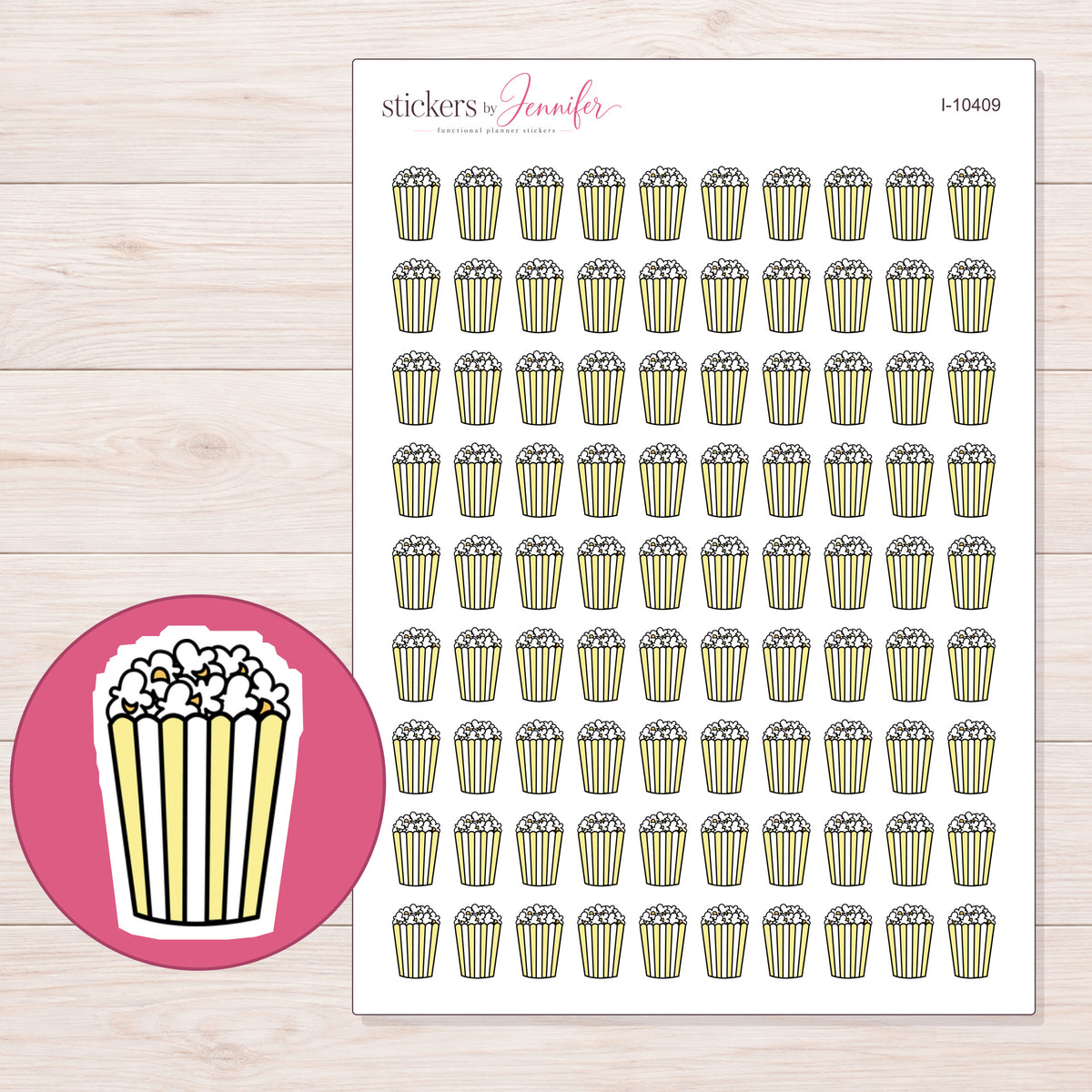 Yellow Popcorn Box Planner Stickers | I-10409 — 5 × 7 inch sheet and enlarged sticker detail