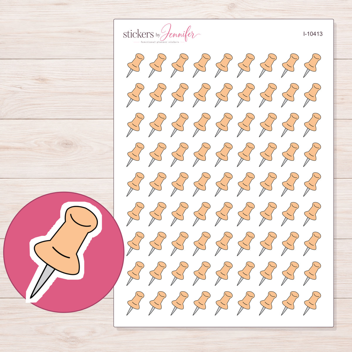 Peach Push Pin Planner Stickers | I-10413 — 5 × 7 inch sheet and enlarged sticker detail