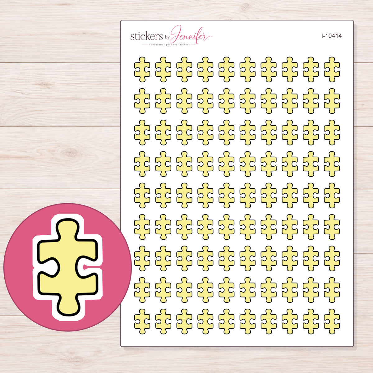 Yellow Puzzle Piece Planner Stickers | I-10414 — 5 × 7 inch sheet and enlarged sticker detail