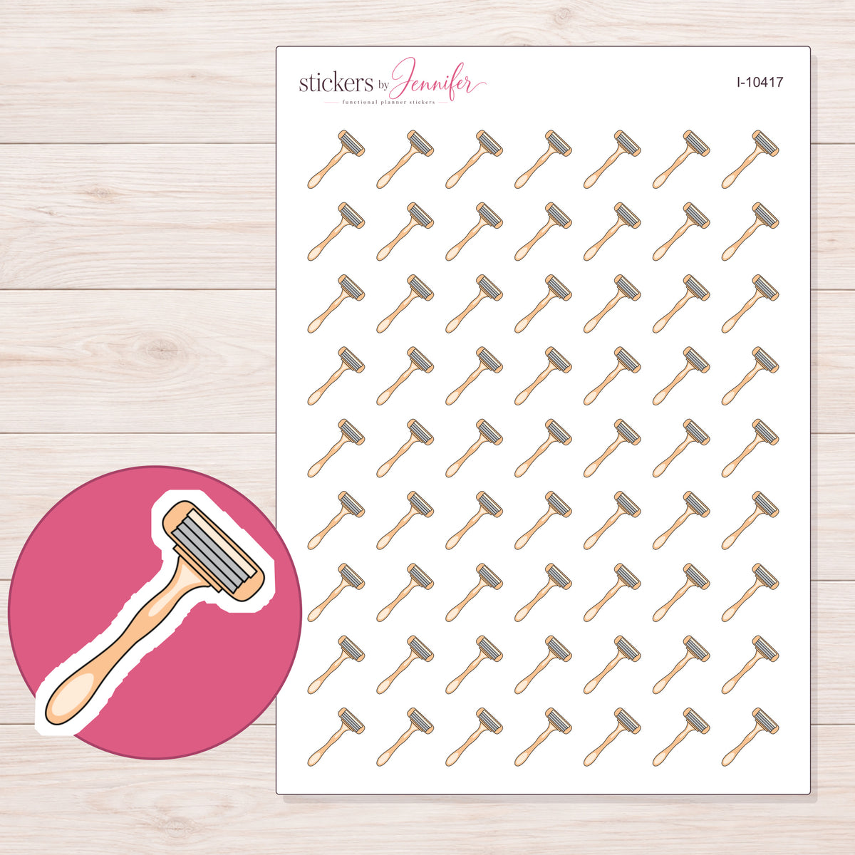 Peach Razor Planner Stickers | I-10417 — 5 × 7 inch sheet and enlarged sticker detail