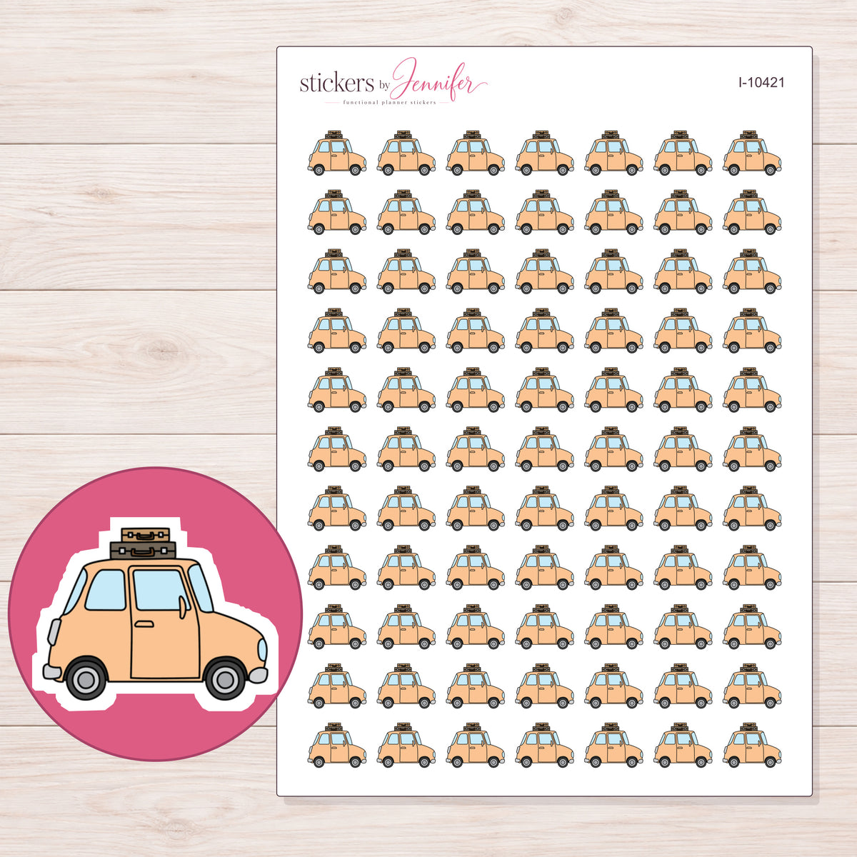 Peach Road Trip Car Planner Stickers | I-10421 — 5 × 7 inch sheet and enlarged sticker detail