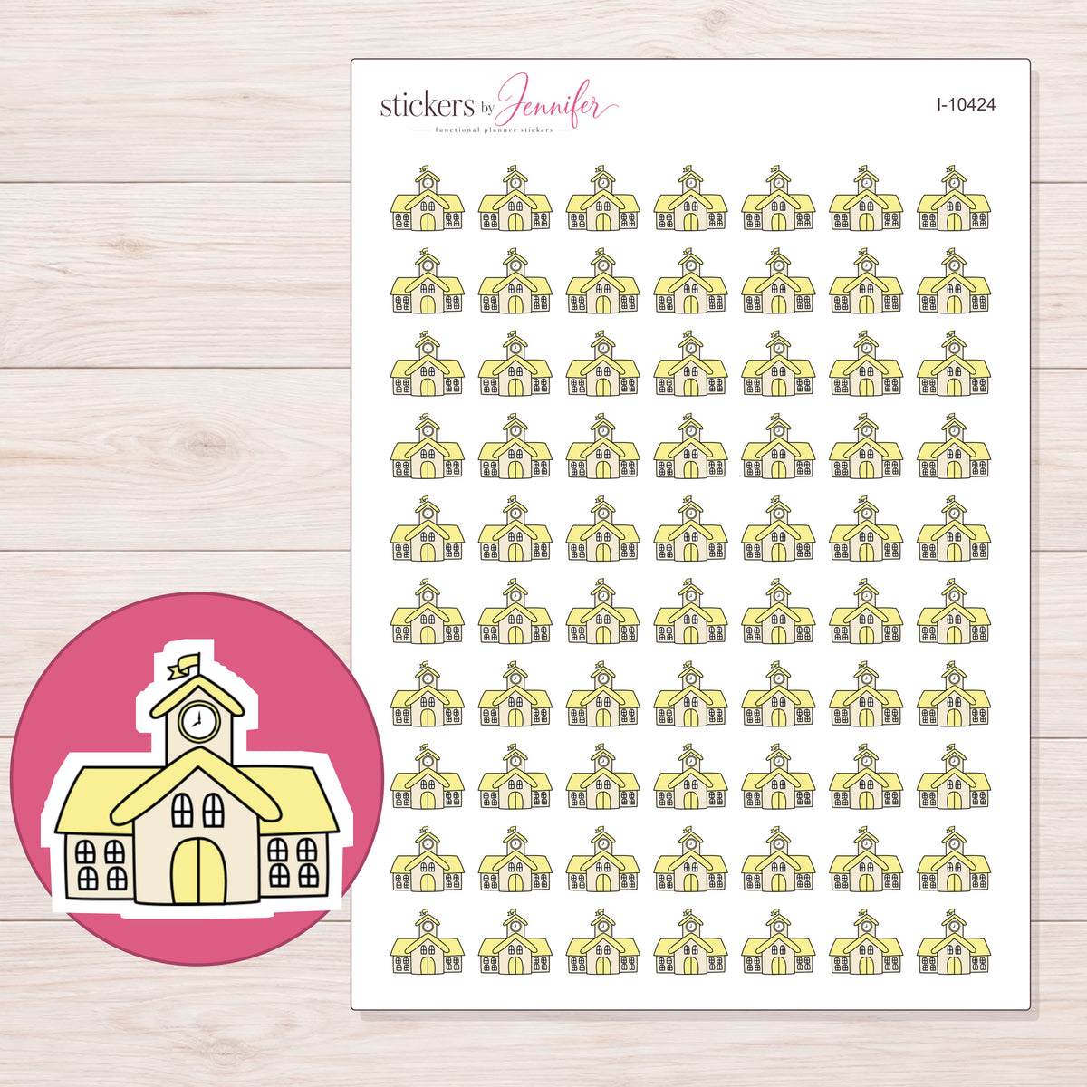 Yellow School Planner Stickers | I-10424 — 5 × 7 inch sheet and enlarged sticker detail