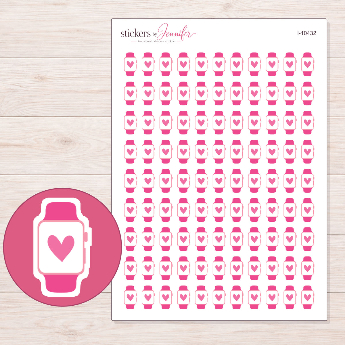 Pink Heart Watch Planner Stickers | I-10432 — 5 × 7 inch sheet and enlarged sticker detail