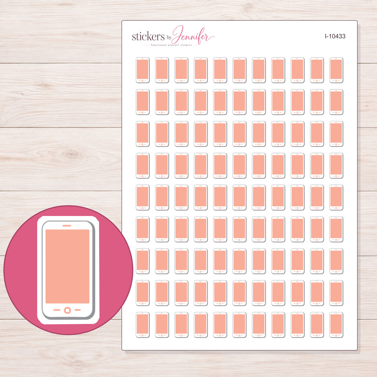 Peach Smartphone Planner Stickers | I-10433 — 5 × 7 inch sheet and enlarged sticker detail