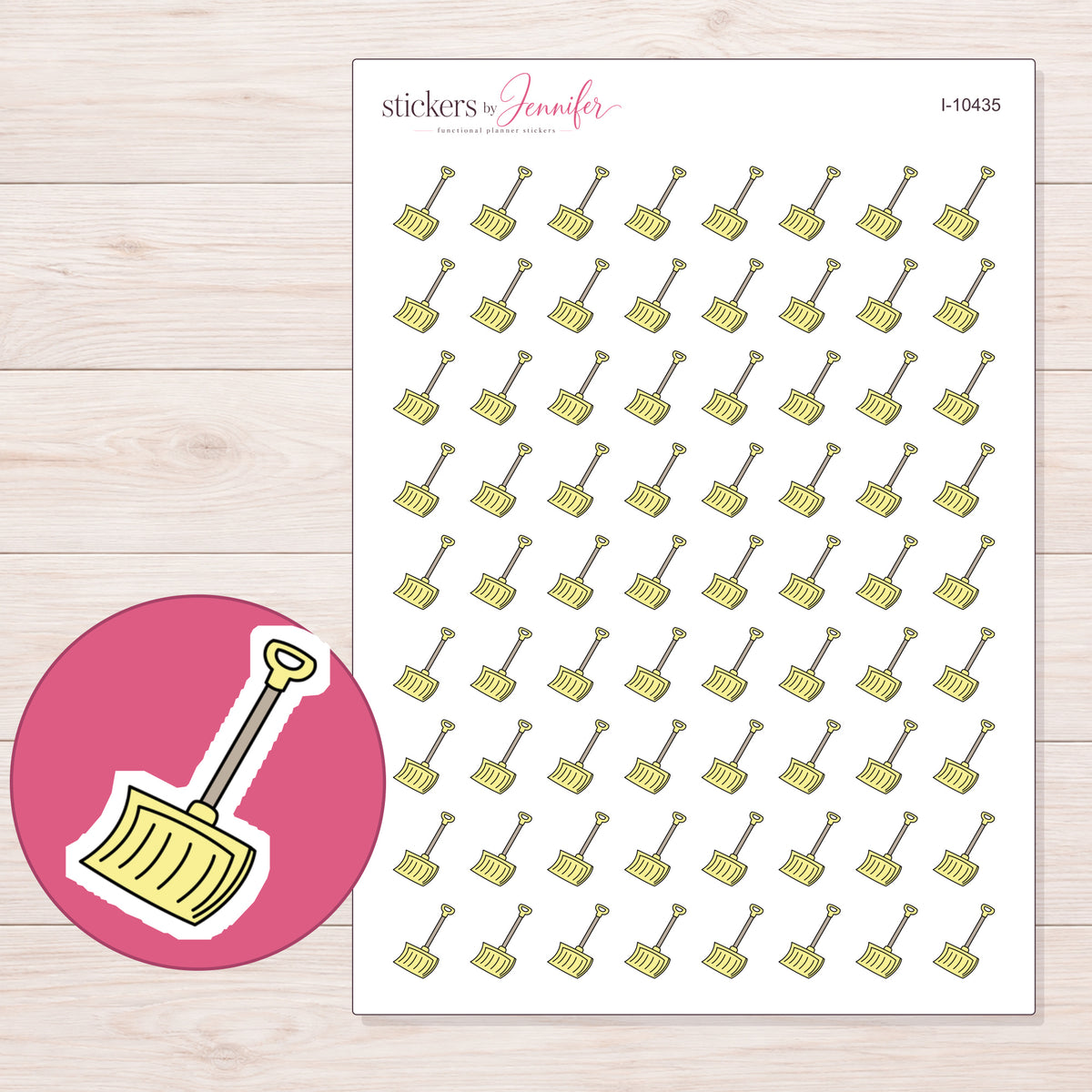 Yellow Snow Shovel Planner Stickers | I-10435 — 5 × 7 inch sheet and enlarged sticker detail