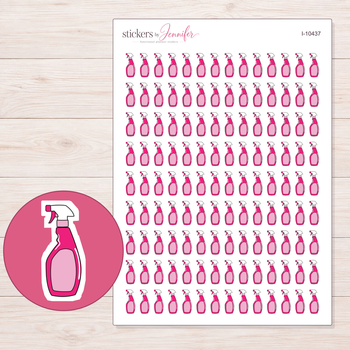 Pink Spray Bottle Planner Stickers | I-10437 — 5 × 7 inch sheet and enlarged sticker detail