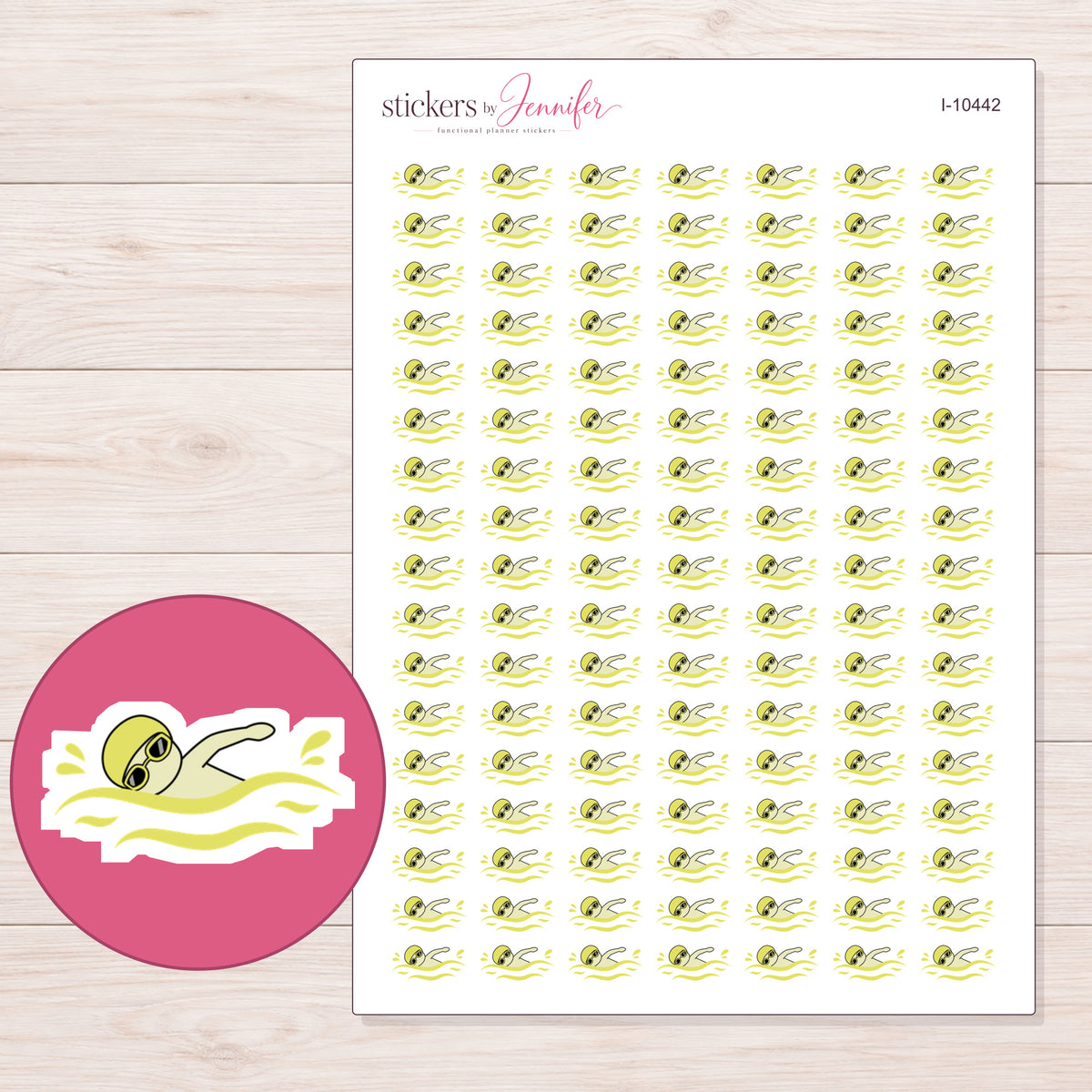Yellow Swimmer Planner Stickers | I-10442 — 5 × 7 inch sheet and enlarged sticker detail