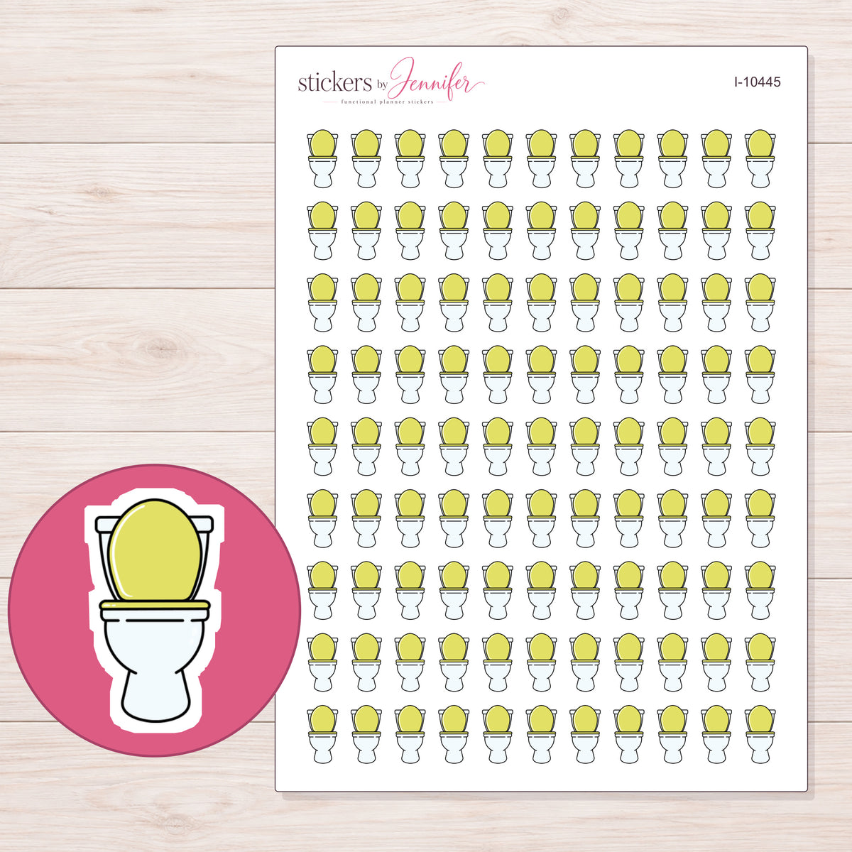 Yellow Toilet Planner Stickers | I-10445 — 5 × 7 inch sheet and enlarged sticker detail