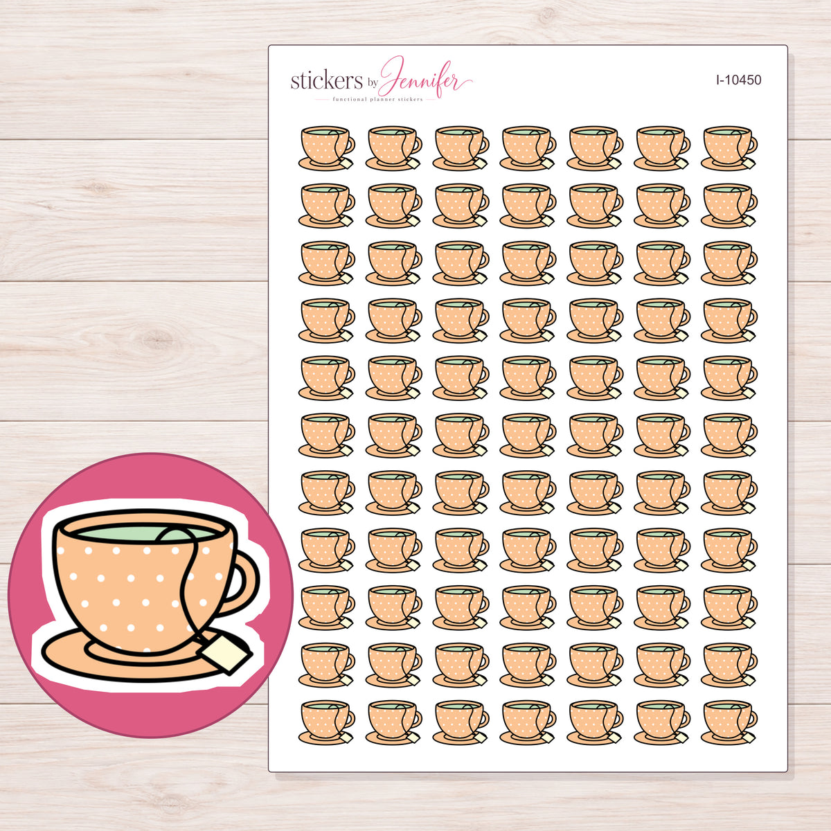 Peach Polka Dot Teacup Planner Stickers | I-10450 — 5 × 7 inch sheet and enlarged sticker detail