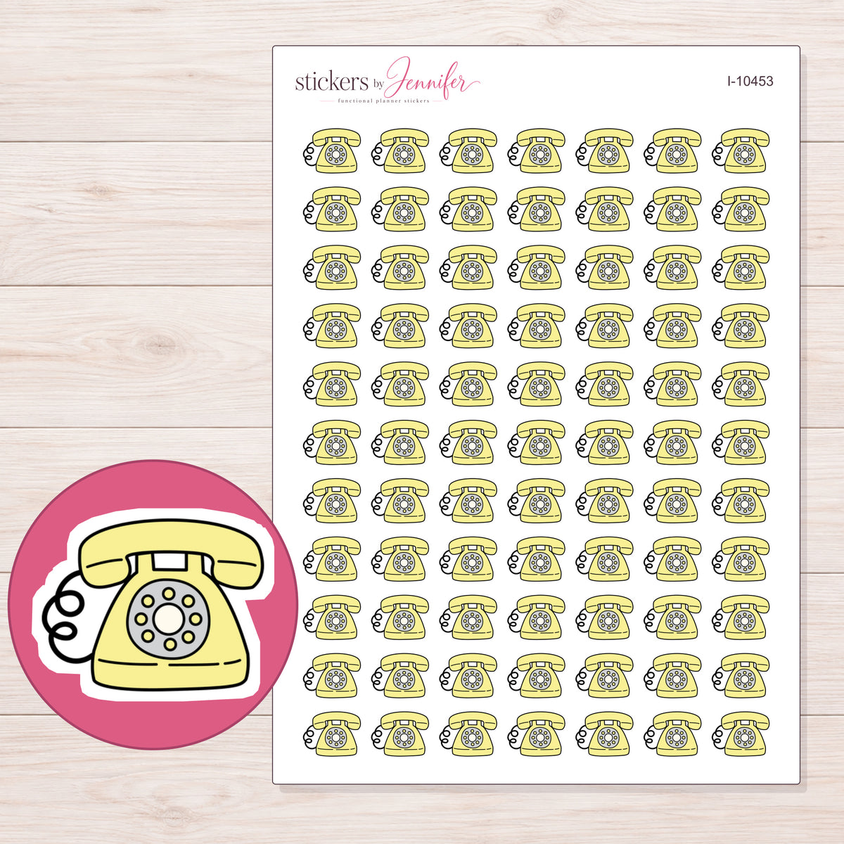 Yellow Rotary Telephone Planner Stickers | I-10453 — 5 × 7 inch sheet and enlarged sticker detail
