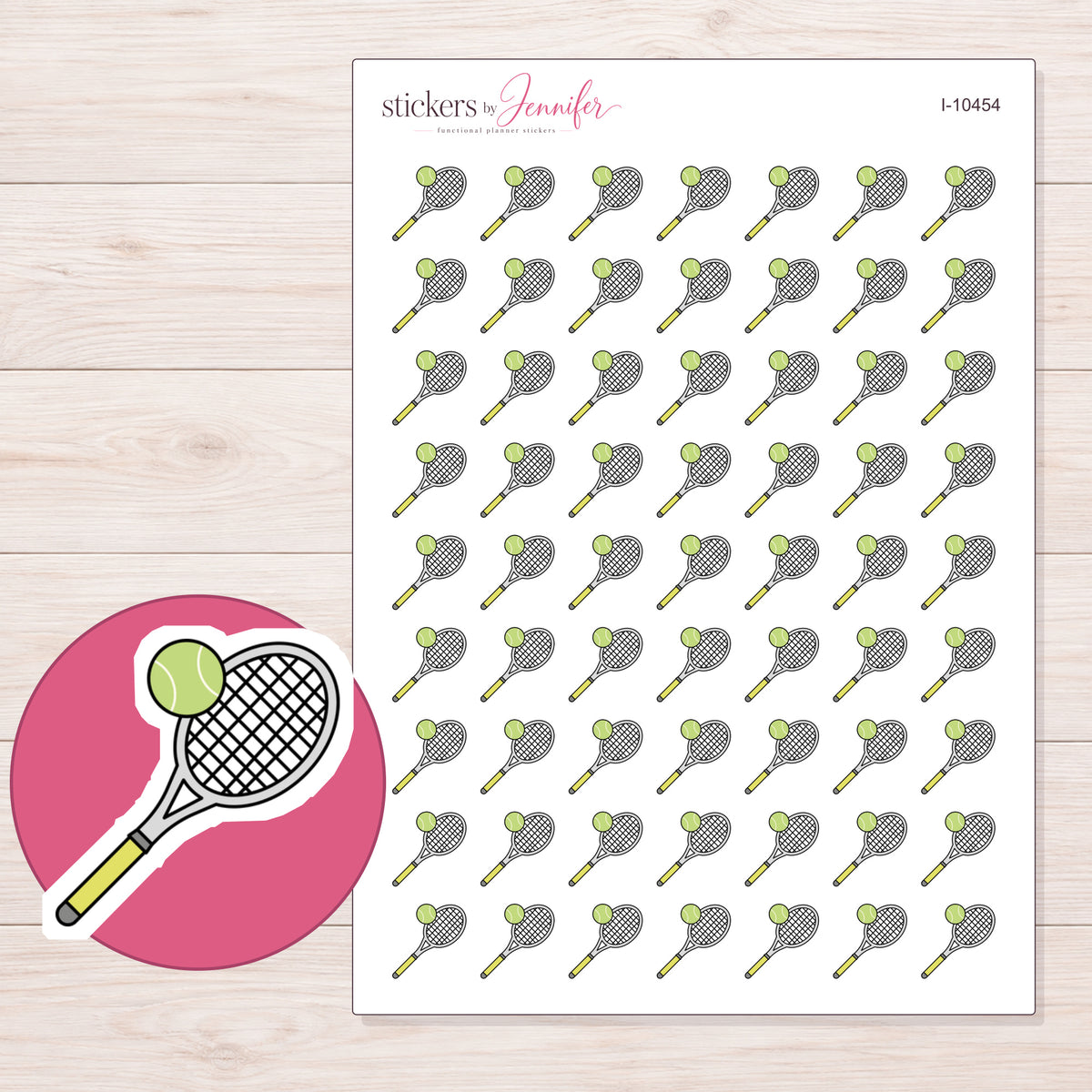 Yellow Tennis Racket Planner Stickers | I-10454 — 5 × 7 inch sheet and enlarged sticker detail