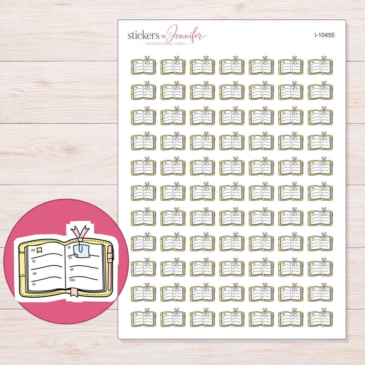 Open Yellow Planning Book Planner Stickers | I-10455 — 5 × 7 inch sheet and enlarged sticker detail