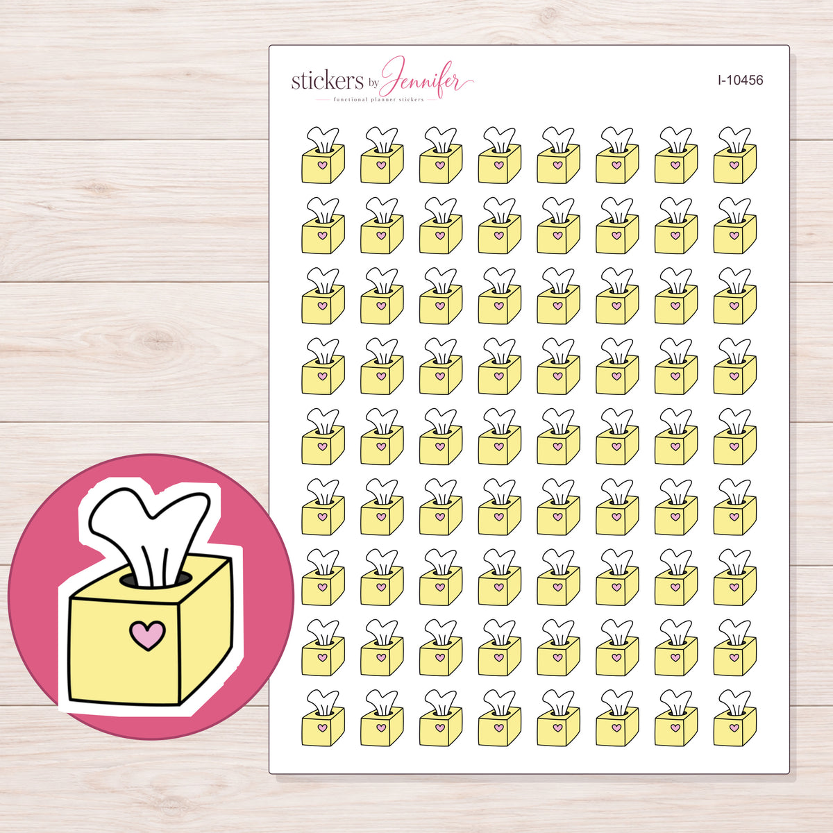 Yellow Heart Tissue Box Planner Stickers | I-10456 — 5 × 7 inch sheet and enlarged sticker detail
