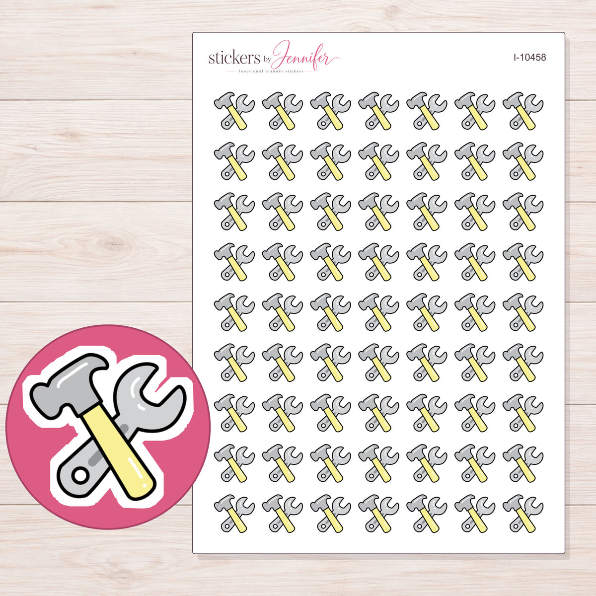 Yellow Hammer and Wrench Planner Stickers | I-10458 — 5 × 7 inch sheet and enlarged sticker detail