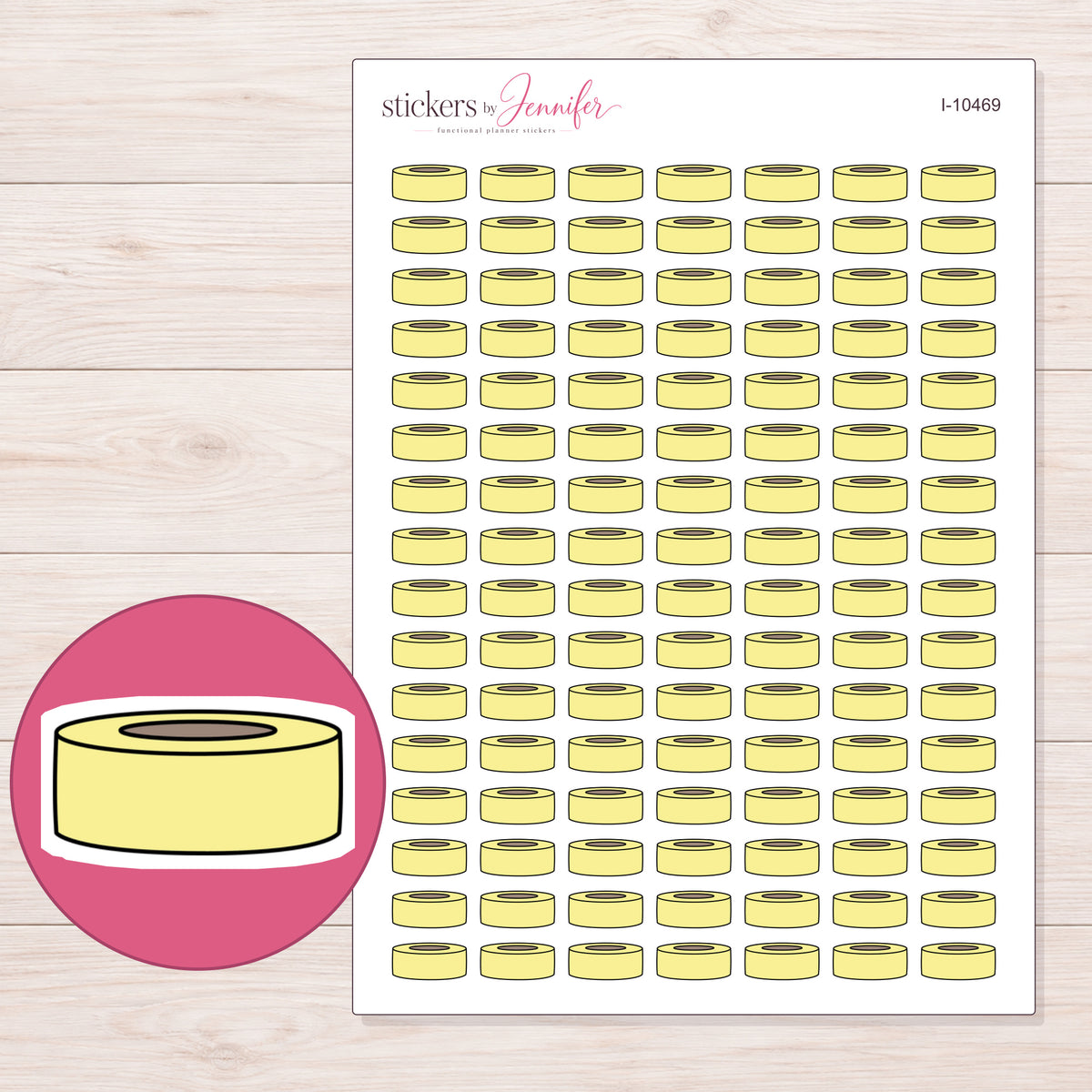 Yellow Washi Roll Planner Stickers | I-10469 — 5 × 7 inch sheet and enlarged sticker detail