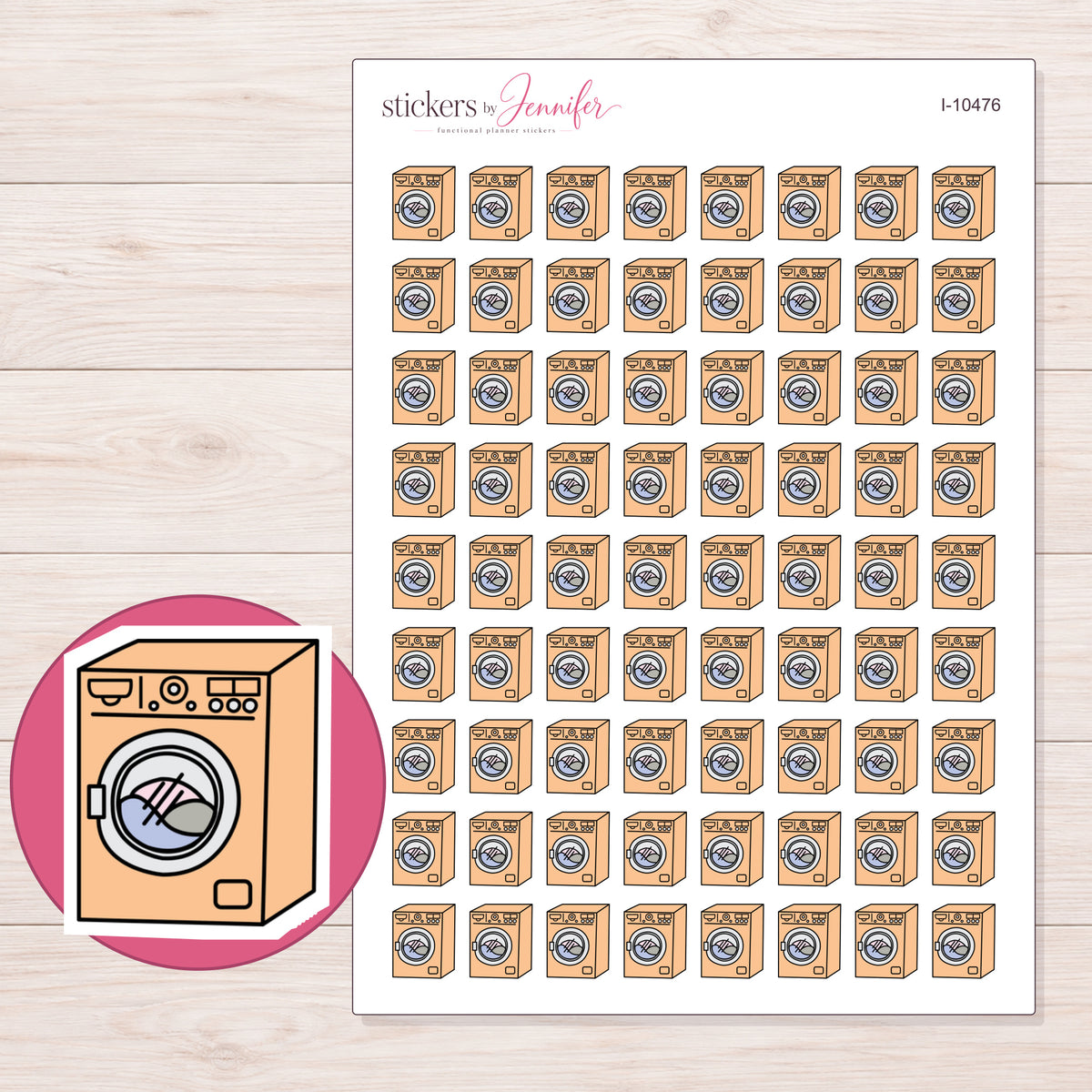 Peach Washing Machine Planner Stickers | I-10476 — 5 × 7 inch sheet and enlarged sticker detail