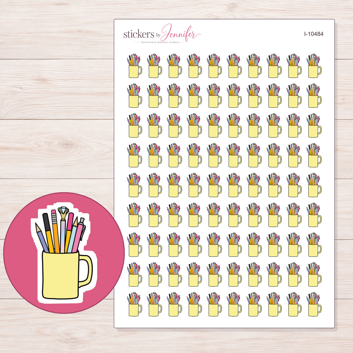 Yellow Pencil Cup Planner Stickers | I-10484 — 5 × 7 inch sheet and enlarged sticker detail