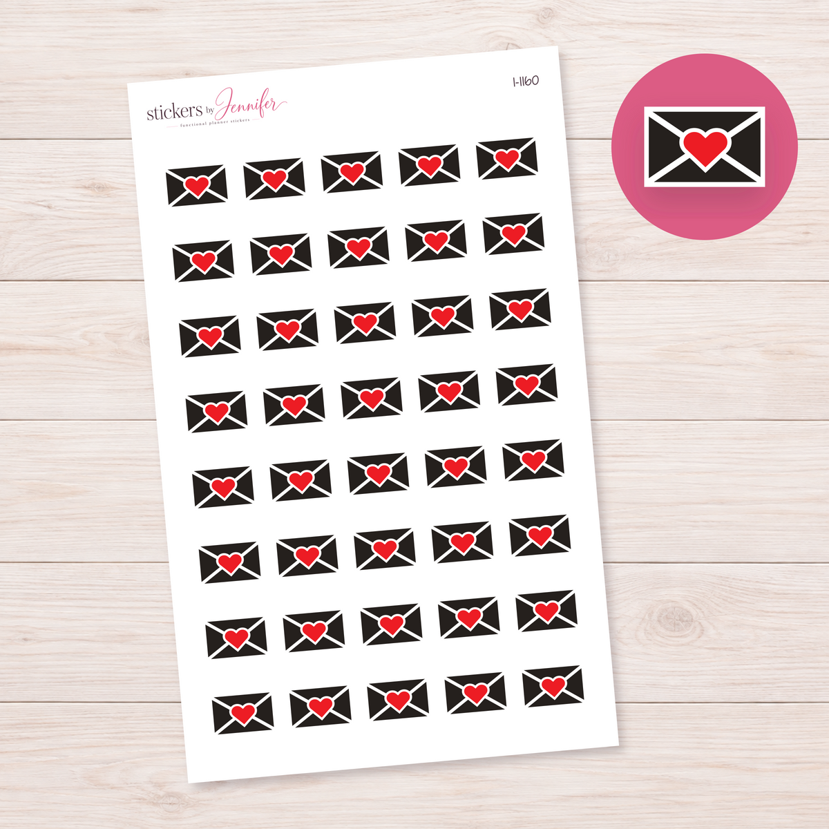 Black Heart Envelope Planner Stickers | I-1160