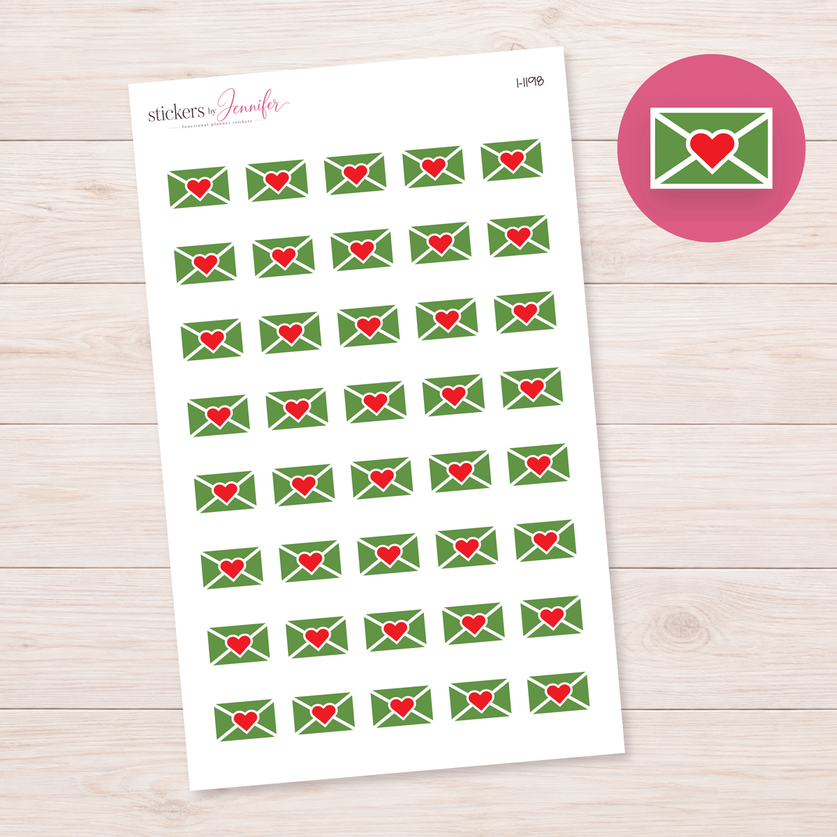 Sage Green Heart-Sealed Envelope Planner Stickers | I-1198