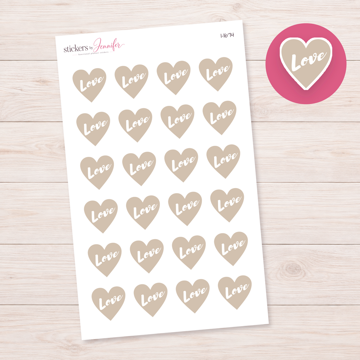 Taupe Love Heart Planner Stickers | I-1674