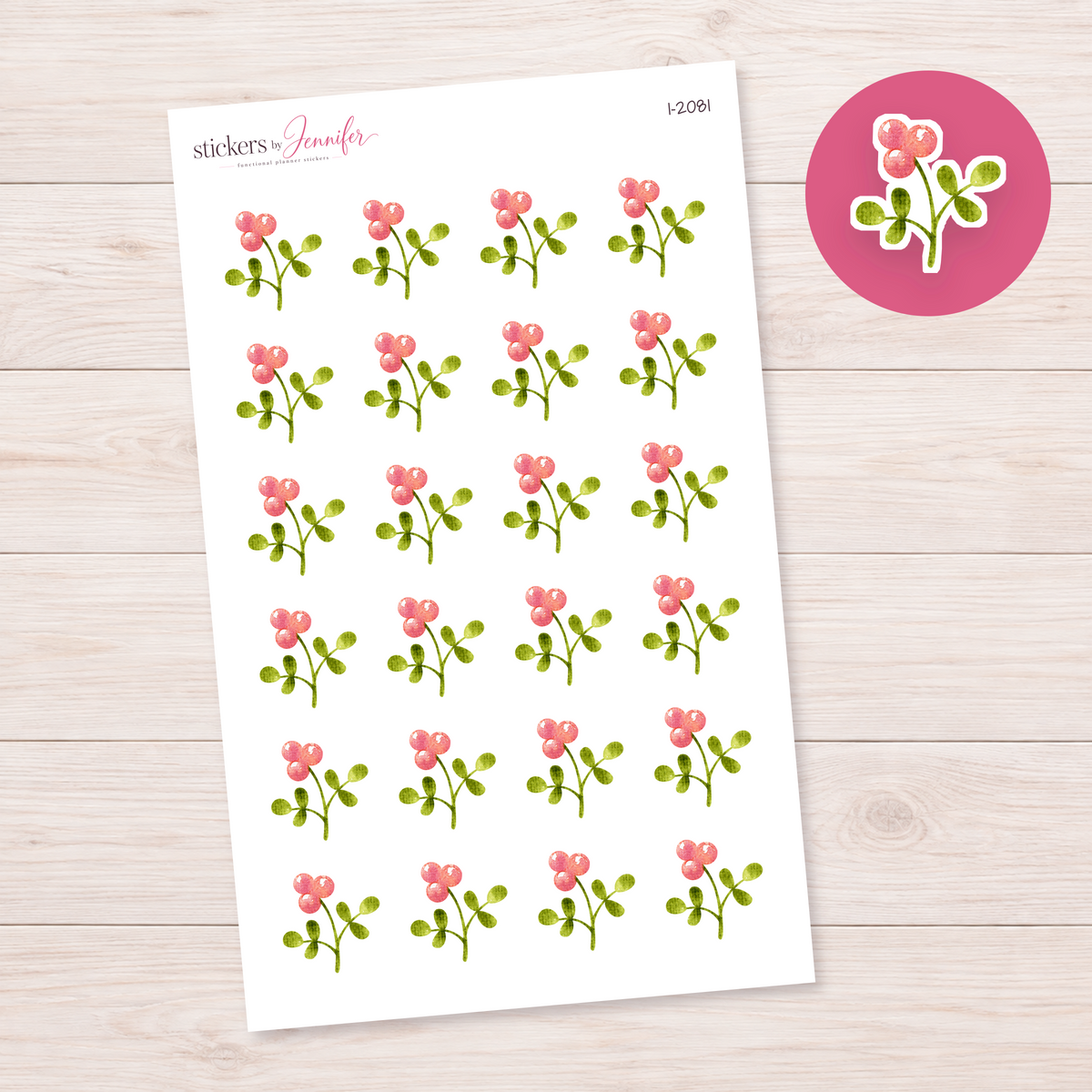 Watercolor Pink Berry Sprig Planner Stickers | I-2081