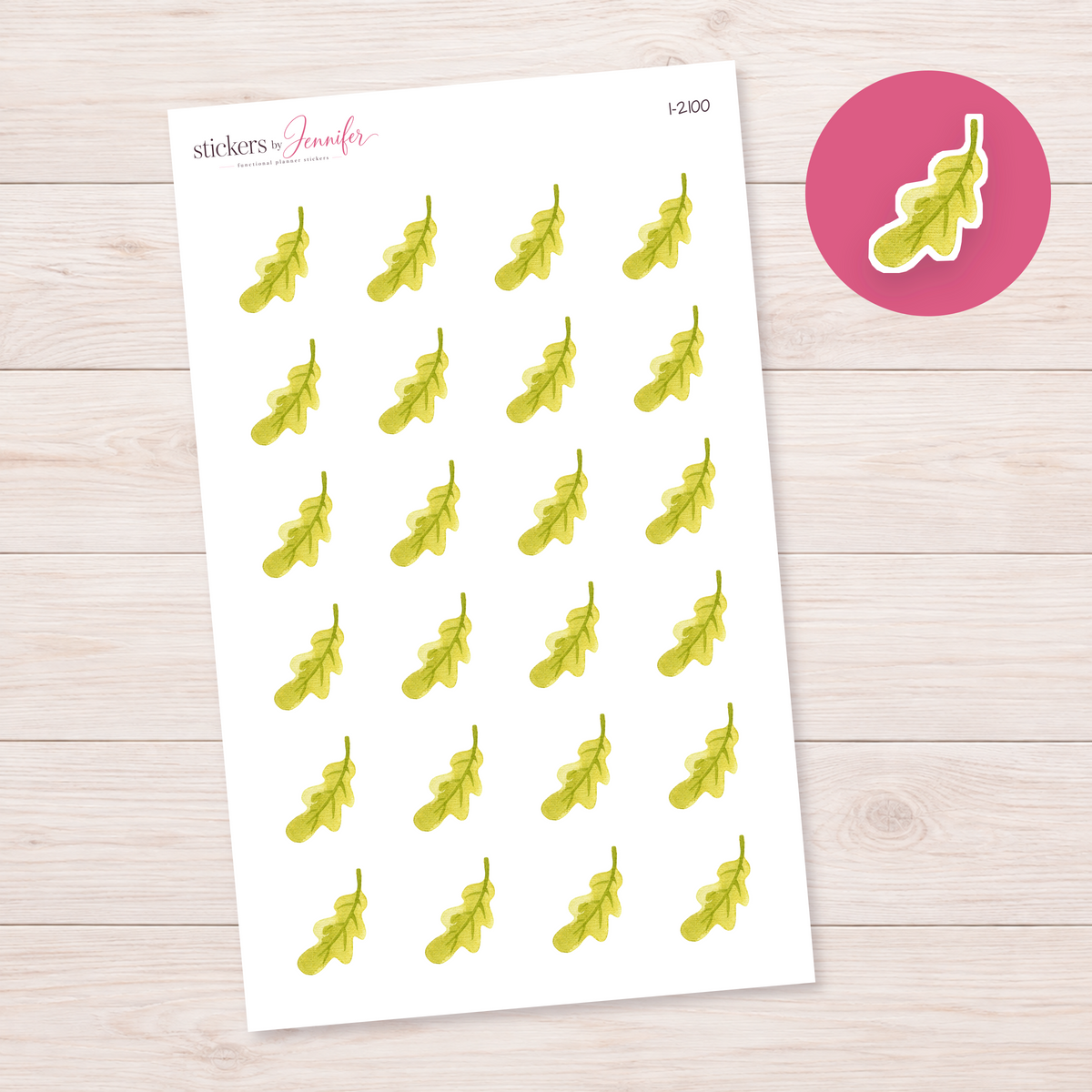 Watercolor Light Green Oak Leaf Planner Stickers | I-2100