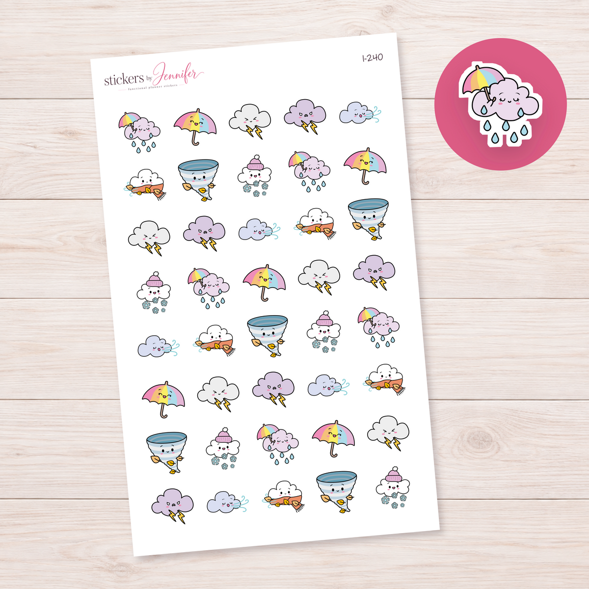 Rain Cloud and Rainbow Umbrella Planner Stickers | I-240