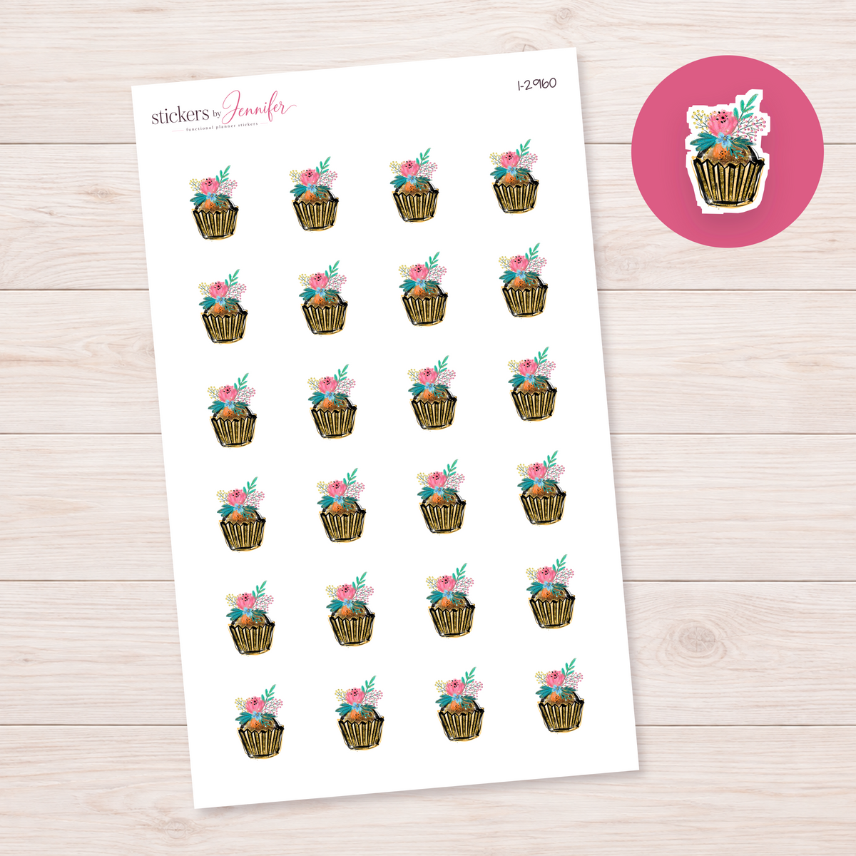 Floral Gold Wrapper Cupcake Planner Stickers | I-2960
