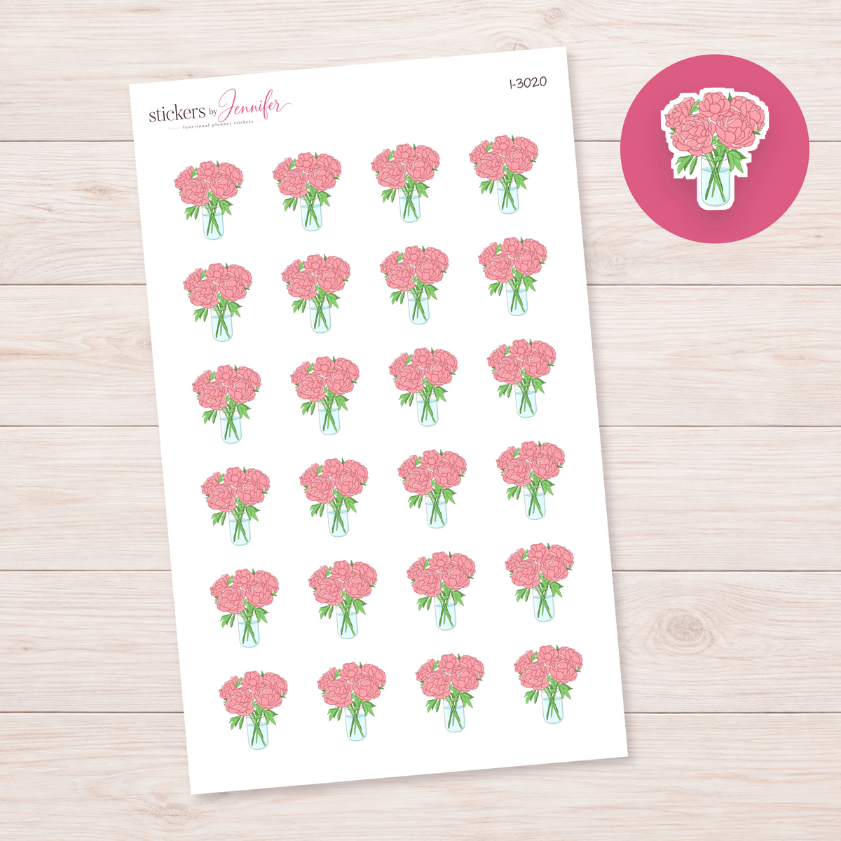 Pink Peonies in Glass Vase Planner Stickers | I-3020