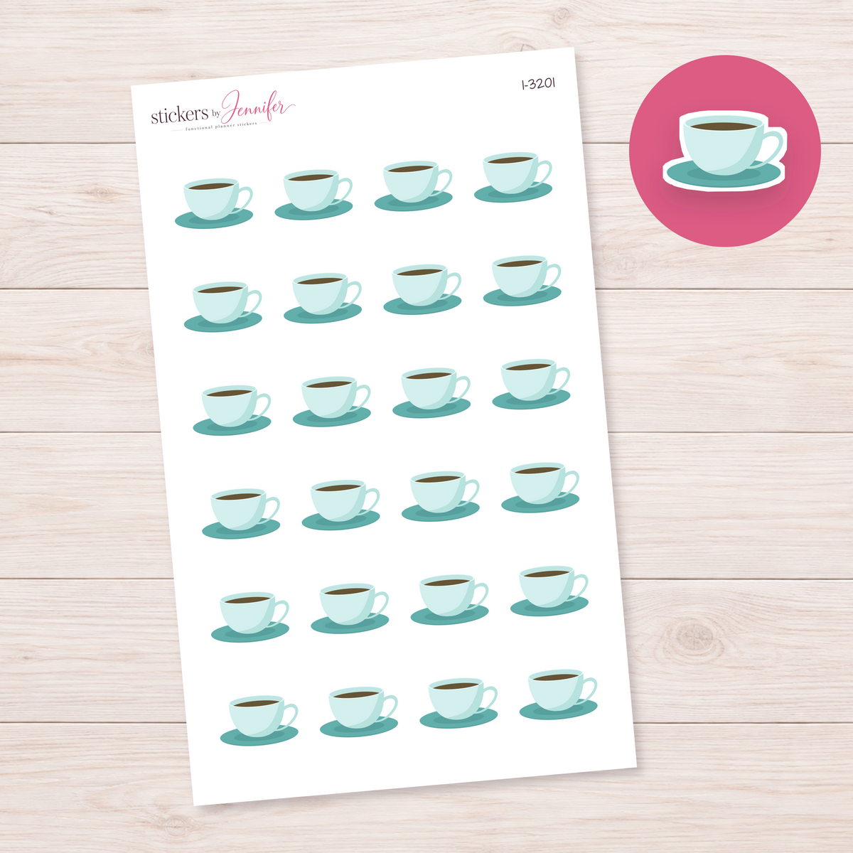Teal Coffee Cup and Saucer Planner Stickers | I-3201