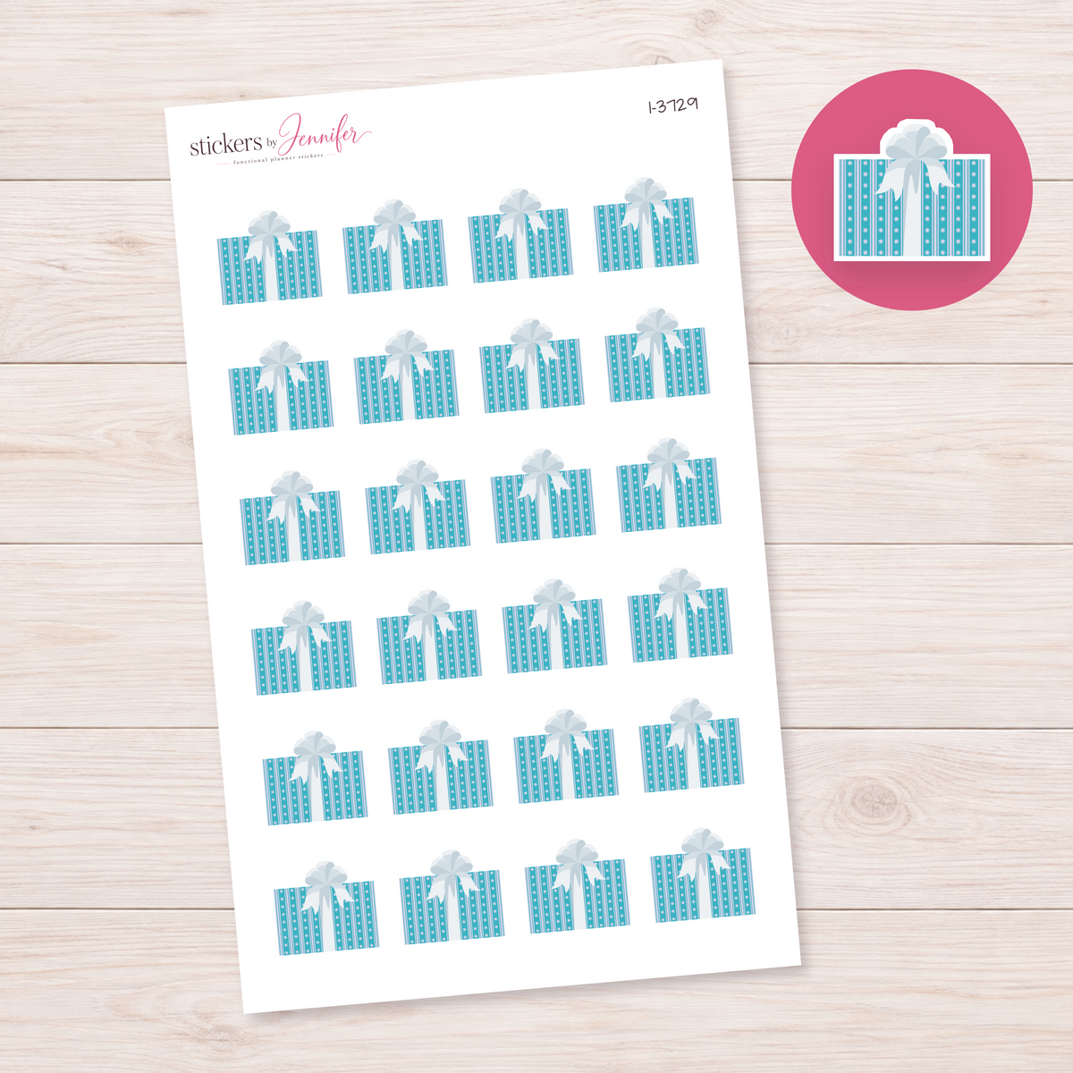Teal Gift with Pale Blue Bow Planner Stickers | I-3729