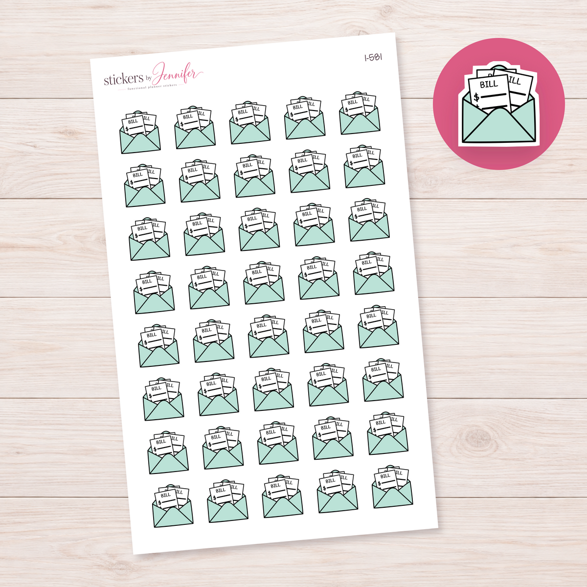 Mint Bill Envelope Planner Stickers | I-581