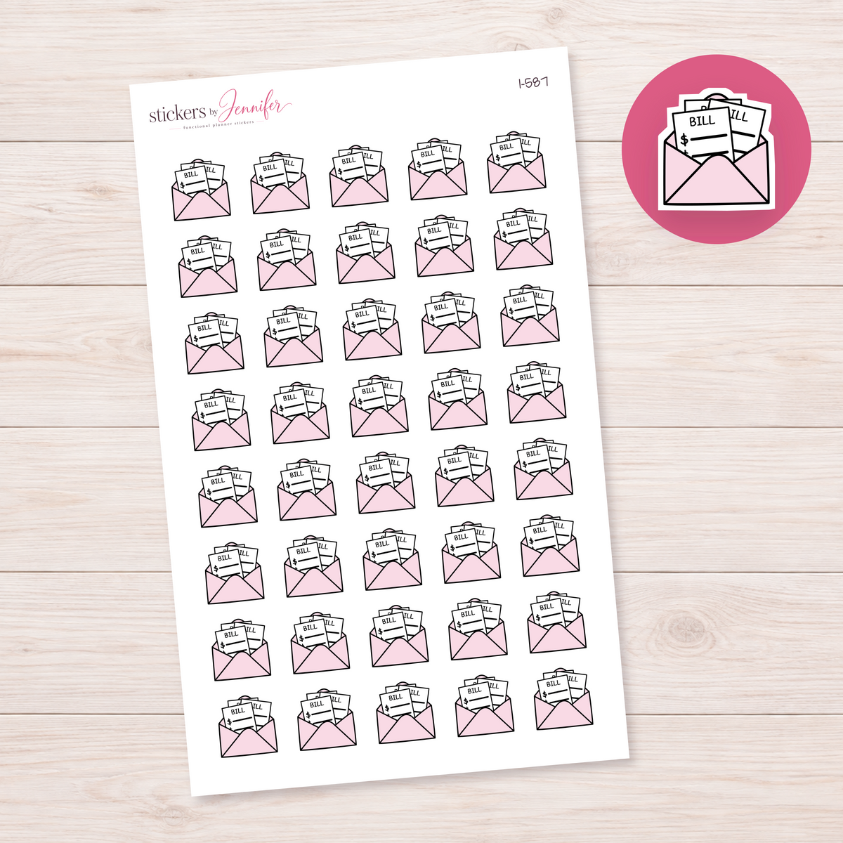 Pale Pink Bills Envelope Planner Stickers | I-587