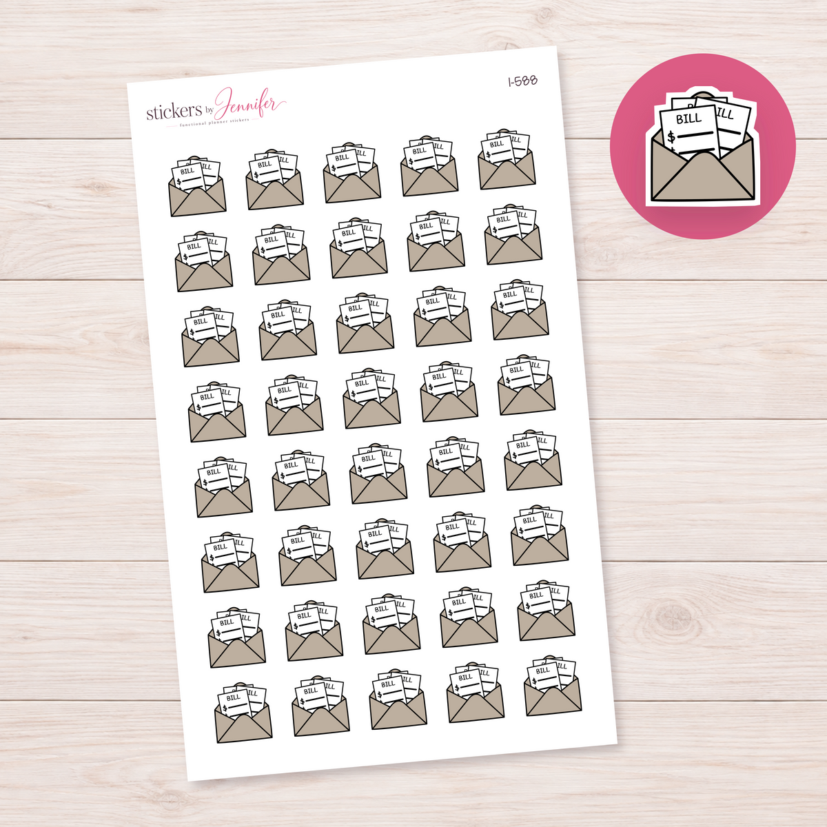 Taupe Bills Envelope Planner Stickers | I-588