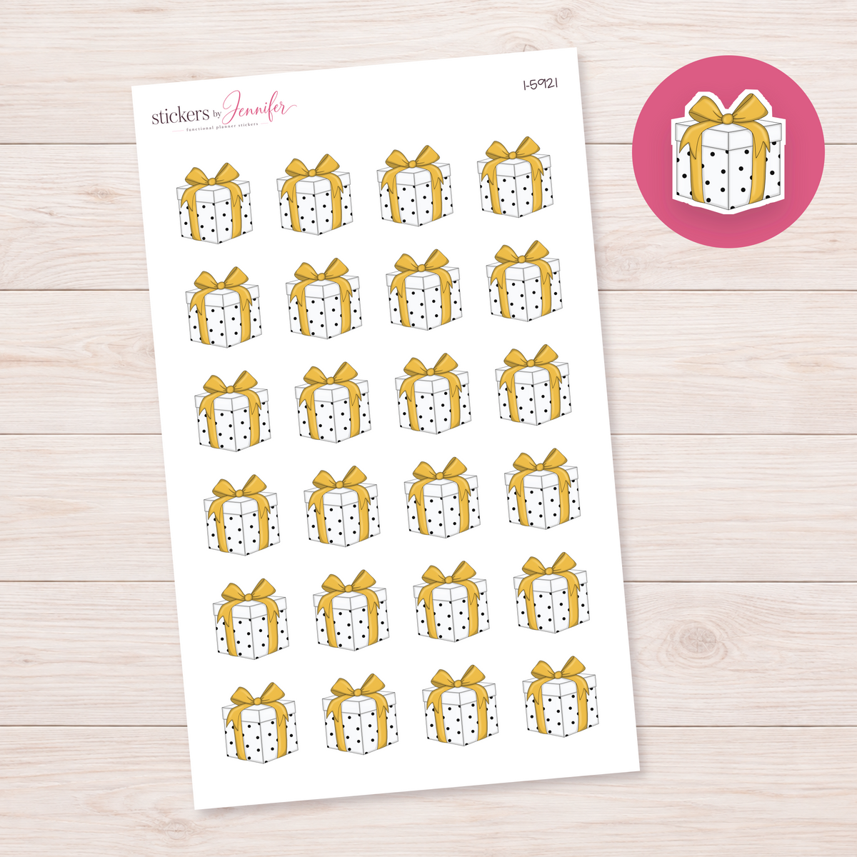 White Dotted Gift with Gold Bow Planner Stickers | I-5921